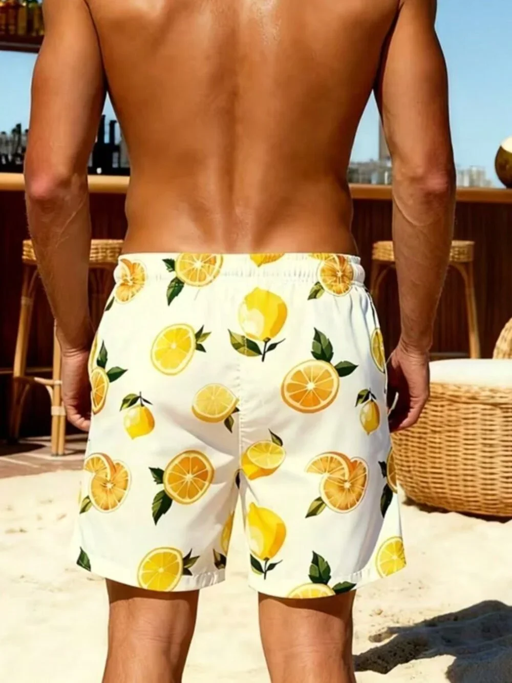 Multicolor Casual Men's Lemon Print Beach Shorts